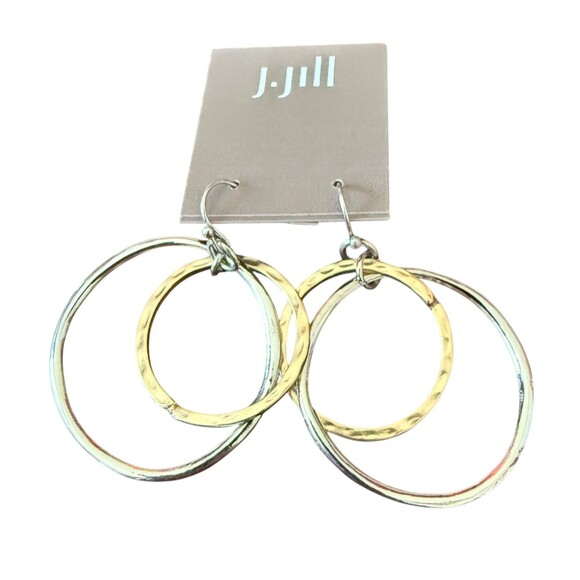 J. Jill Double Hoop Dangle Earrings Hammered Gold Silver Tone Mixed Metal Boho - Picture 2 of 11